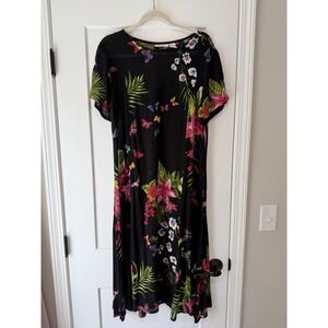 CW Classics Womens Black Rayon Shirt Dress Floral Short Sleeve Pullover Size L